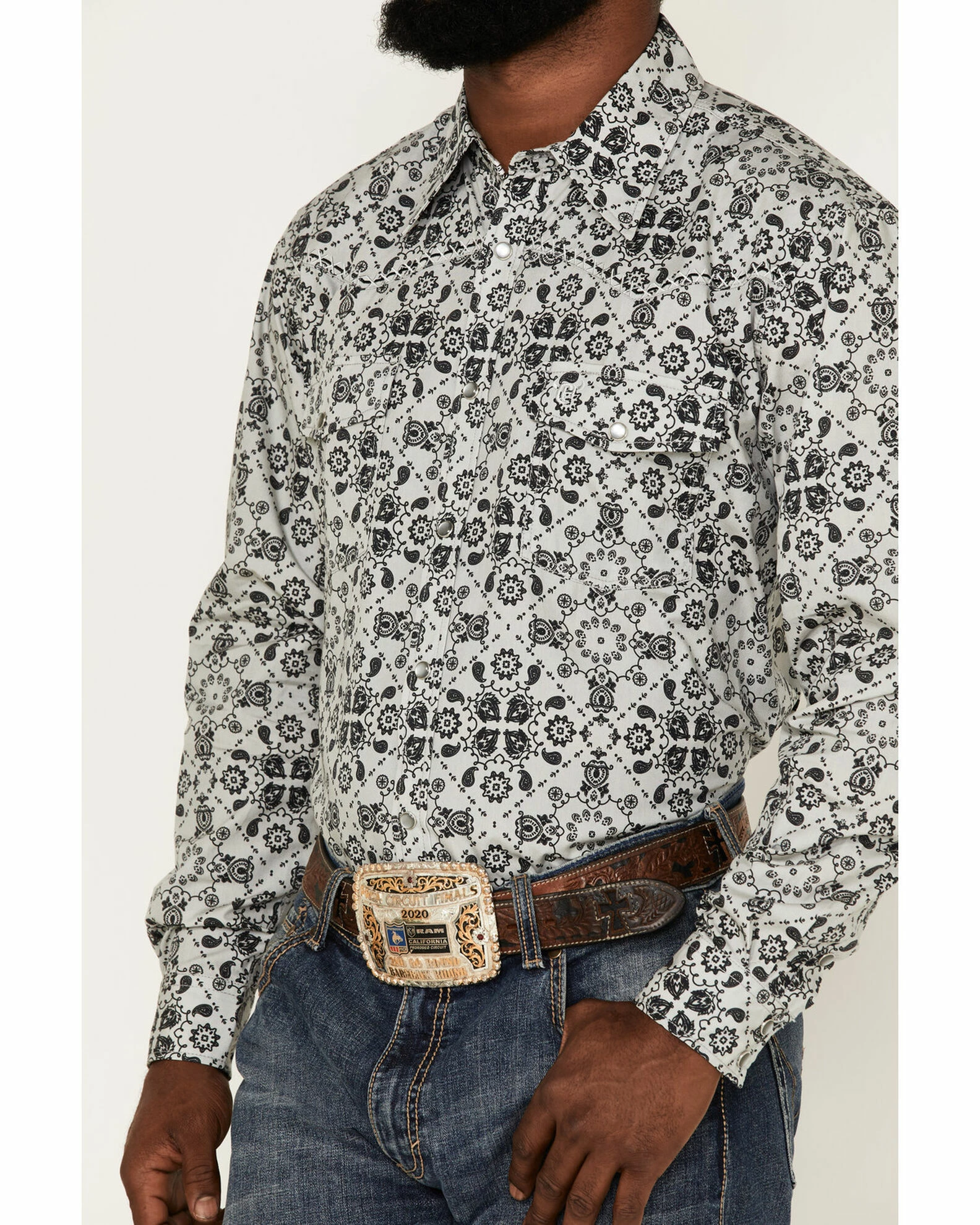 Cowboy Hardware Men's Bandana Print Long Sleeve Snap Shirt Grey 5 Cowboy Hardware Men's Bandana Print Long Sleeve Snap Shirt Grey - Image 3