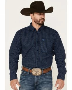 Cowboy Hardware Men's Diamond Plate Print Long Sleeve Button-Down Western Shirt Navy